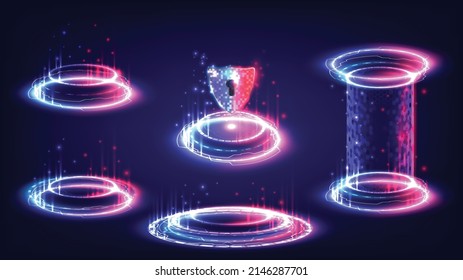 Sci-fi High-Tech Bühnenkollektion in rot und blau leuchtend HUD. Hologram Portal wirl Licht der Wissenschaft futuristisch. Zauberkriegstor in Spielfantasie. Circle Teleport Podium.  Kapselhologramm