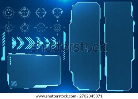 Sci-Fi Holographic Target UI Elements and Screen Frames. A sci-fi holographic interface with target icons, glowing UI components, and modular screen frames.