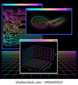 
Sci-fi HUD Board, Futuristic Computer Desktop With Programs And Visualization Of 3D Graphs And Plots: Lorenz System Of Ordinary Differential Equations.