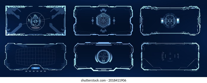 Sci-fi and HUD frame. Futuristic screen with target and borders. Hi-tech control technology for drone, cam, VR, game. HUD and GUI futuristic user interface with target. Futuristic frame UI Set. Vector