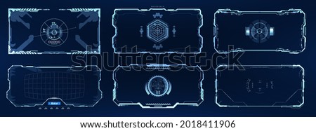 Sci-fi and HUD frame. Futuristic screen with target and borders. Hi-tech control technology for drone, cam, VR, game. HUD and GUI futuristic user interface with target. Futuristic frame UI Set. Vector