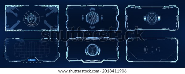 Sci-fi and HUD frame. Futuristic screen with\
target and borders. Hi-tech control technology for drone, cam, VR,\
game. HUD and GUI futuristic user interface with target. Futuristic\
frame UI Set. Vector