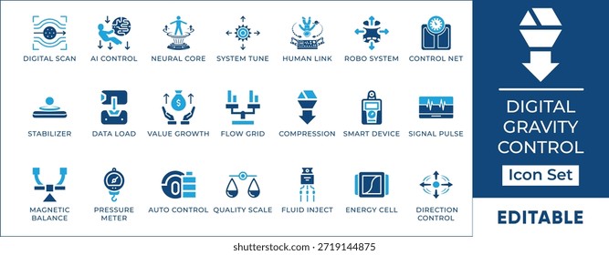 HUD de ciencia ficción y Vector de telemetría de Industrial Glyph Icons. Conjunto de control avanzado de física con giroscopio, háptica, dinámica cuántica, estabilizador y símbolos de interfaz de usuario de automatización.