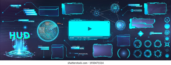 Sci-fi HUD UI elements for business Mobile App. Futuristic User Interface UI, UX, HUD. Virtual graphic touch Head Up Display. Digital box - Frame screens, Circle, Holograms, Callouts titles. Vector