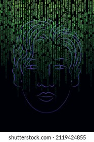 Sci-fi. Human face in digital code. Vertical pattern. Vector illustration.