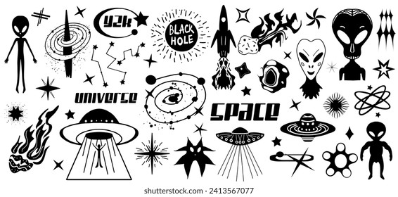Sci-fi icons set. Ufo, space, universe, future. Flying saucer, Alien symbol, stars, comets. Black silhouettes, tattoo style print for T-shirts, logo element. Vector Illustration