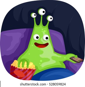 Sci-fi Illustration Featuring a Three Eyed Alien Mascot Eating Popcorn While Watching a Movie