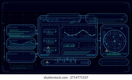 Una pantalla digital inspirada en ciencia ficción que muestra varios gráficos de datos, gráficos e indicadores sobre un fondo oscuro, lo que sugiere tecnología avanzada y análisis de información.
