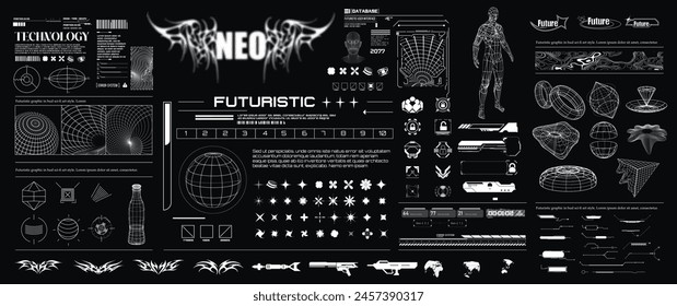 Sci-fi inspired futuristic typography and lettering, complete with HUD and big set Y2K elements. Extensive Collection of Futuristic HUD and Sci-Fi Interface Elements. Vector illustration