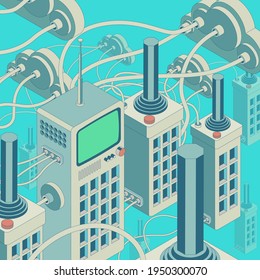 Sci-fi joysticks and vintage devices connected with cloud network, videogames concept, 3D illustration