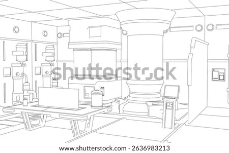 Sci-fi lab with Machining center. It showcases industrial precision engineering with mechanical arms, pipes, valves, control panel, emphasizing advanced manufacturing technology in a modular layout.