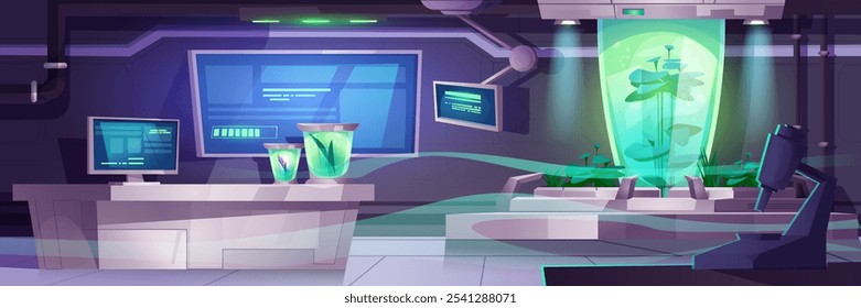 Laboratorio de ciencia ficción dentro de la nave espacial con monitores que muestran datos, cápsulas verdes brillantes con plantas experimentales. Estación de trabajo futurista con herramientas de investigación. Equipamiento moderno para estudios botánicos.