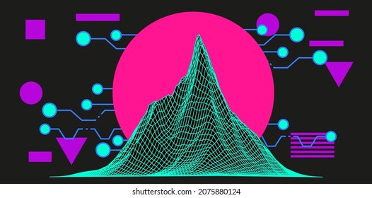 Sci-fi landscape with 3D mountain terrain in retrofuturistic synthwave style. Vector illustration in neon vivid ultraviolet colors.