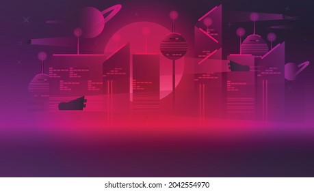 Sci-fi landscape of future buildings, planet and sky with futuristic city concept art vector illustration.