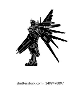 Sci-fi mech soldier standing. Military futuristic robot. Mech controlled by a pilot. Scratched metal armor robot. Mech Battle.