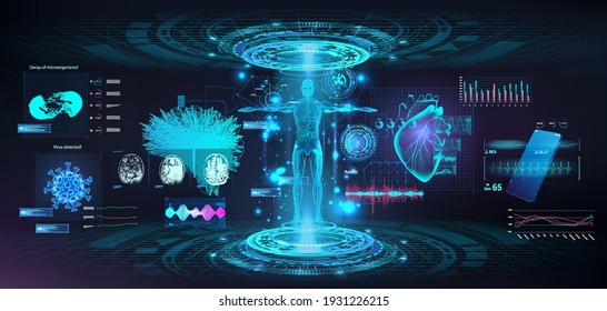 Elementos de la interfaz de usuario HUD de Sci-fi para la aplicación de salud. Interfaz de usuario táctil gráfica virtual. cuerpo 3D, holograma, mri cuerpo, corazón, cerebro y otros órganos. Interfaz de usuario futurista HUD, GUI, UI. Conjunto de vectores