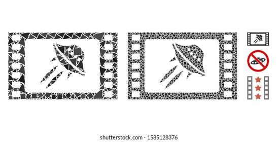 Sci-fi movie icon mosaic of unequal items in various sizes and color tinges, based on sci-fi movie icon. Vector abrupt items are grouped into collage. Sci-fi movie icons collage with dotted pattern.