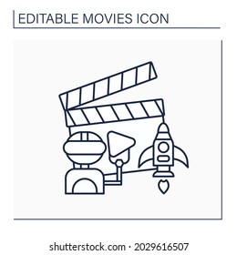Sci-fi movie line icon. Film genre with half-science plot. Include alien worlds, time travel with robots and spacecraft. Movie concept. Isolated vector illustration. Editable stroke