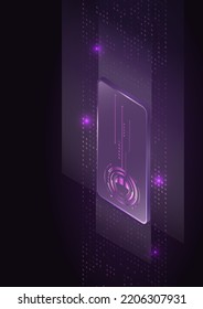 Sci-Fi neon mockup futuristic 3d phone and holographic scheme. Isometric vector template mobile telephone with hi-tech background and elements