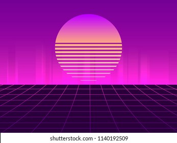 Sci-Fi neon sunset in the style of 80s. Synthwave retro futuristic background. Retrowave. Vector illustration