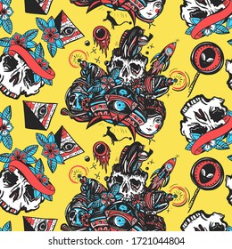 Sci-fi pattern. Space adventure. Dead spaceman, astronaut, gun blaster, UFO abducts cat, rocket, meteor. Old school tattoo seamless background 