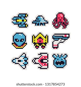 Sci-fi perfect pixel art 8-bit icons set. Cute monsters, laser gun, octopus, spaceship, alien face. Sticker design pack. Design for logo, web, mobile app. Isolated vector illustration collection. 