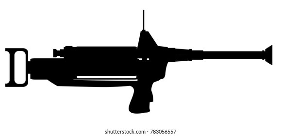 A sci-fi phaser type lazer rifle in silhouette over a white background