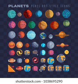 Sci-fi planets pixel art 80s style set. 8-bit sprites. Solar system objects, flat style. Various space planets, asteroid, moon, fantastic world game design isolated vector icons. 