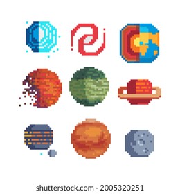 Sci-fi  planets pixel art set. 80s video game sprites. Solar system objects, flat style. Various space planets, asteroid, moon, fantastic world vector icons. Cosmic collection for game design.