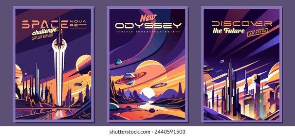 Sci-fi posters on the theme of space in the style of retrofuturism.