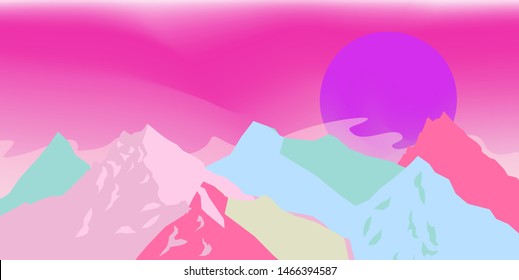 Sci-fi psychedelic alien landscape with view on sunset with mountains. Vector illustration in retrofuturistic vaporwave style.