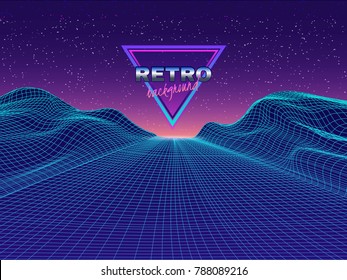 Sci-Fi retro background 80s style. Futuristic landscape with road and mountains.