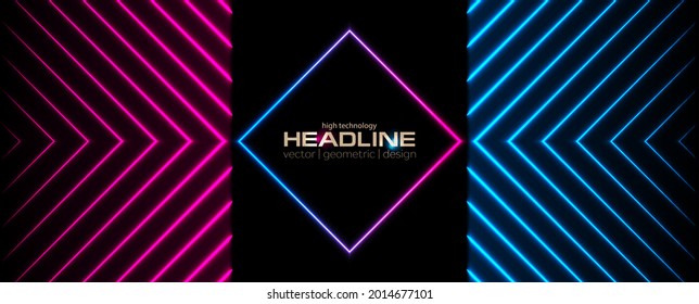 Sci-fi retro laser neon abstract technology background. Geometric arrows blue purple vector design