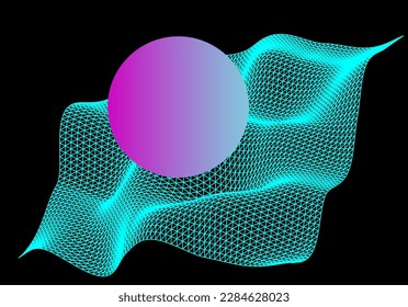 Sci-fi retrofuturistic 3D landscape made of a polygonal distorted perspective grid. Synthwave the 80s retro style background. 