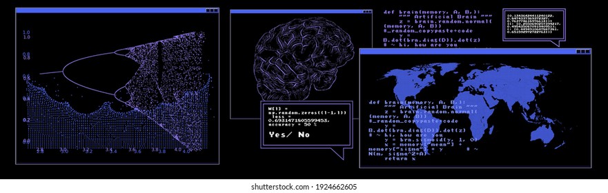 Sci-fi retrofuturistic dashboard with message boxes and windows. Computer screen of hacker's desktop with programs and charts, map of the world. 