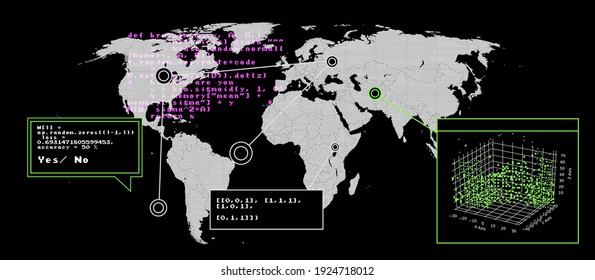 Sci-fi retrofuturistic dashboard with message boxes and windows. Computer screen of hacker's desktop with programs and charts, map of the world. 
