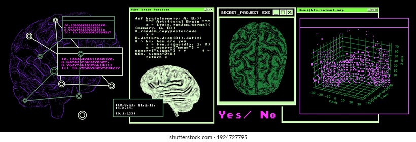 Sci-fi retrofuturistic dashboard with message boxes and windows. Computer screen of hacker's desktop with programs and charts.