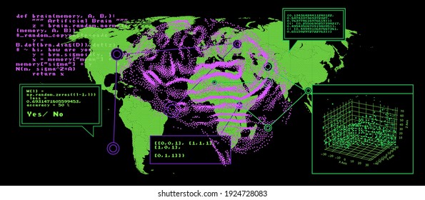 Sci-fi retrofuturistic dashboard with message boxes and windows. Computer screen of hacker's desktop with programs and charts, map of the world. 