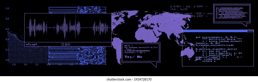 Sci-fi retrofuturistisches Dashboard mit Nachrichtenboxen und Fenstern. Computerbildschirm von Hacker's Desktop mit Programmen und Diagrammen, Karte der Welt. 