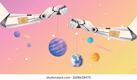 Sci-fi robot arms lifting up planets