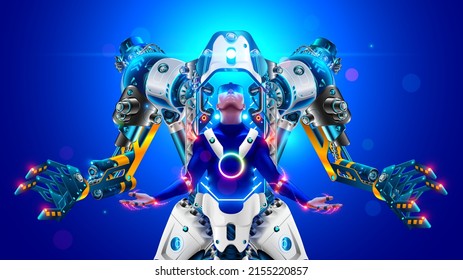 Sci-fi robotic exoskeleton armor with human operator inside. Big fiction mecha robot repeating the movements of a person. Man connection with humanoid armor through neurointerface. Large exo suit.