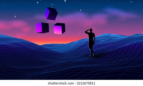 Sci-fi scene with traveller watching the sacred monument of cubes. Vaporwave aesthetics or 80s style fantasy background with abstract esotheric mood