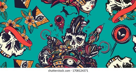 Patrón sin fisuras de Sci-fi. Un hombre espacial muerto, astronauta, pistolero, OVNI secuestró gato, cohete, meteorito. Antecedentes de tatuajes de la vieja escuela. Estilo tradicional de tatuaje. Aventura espacial