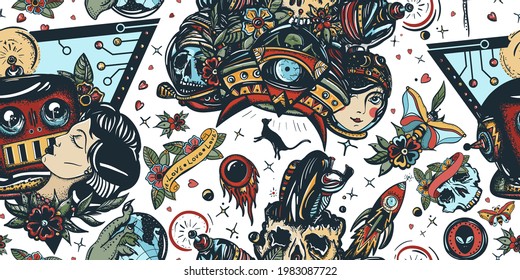 Sci-fi seamless pattern. Space adventure art. Retro futuristic old school tattoo background. Lovers. Kissing robot, girl astronaut, dead spaceman, UFO and monster. Old science fiction movie style