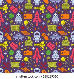 Sci-fi seamless retro pattern. Multi-colored objects on the dark background