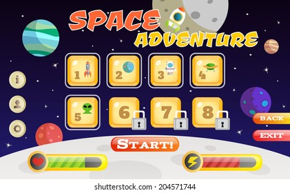 Scifi space adventure game user interface template vector illustration