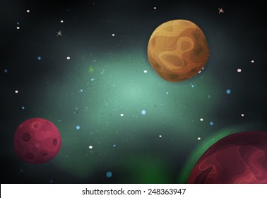 Scifi Space Background For Ui Game/ Illustration of a beautiful comic starry space landscape with alien moons, asteroids and  planet for scifi ui game