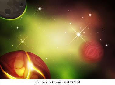 Scifi Space Background For Ui Game/
Illustration of a beautiful comic starry space landscape with alien moons, asteroids and jupiter planet for sci-fi ui game