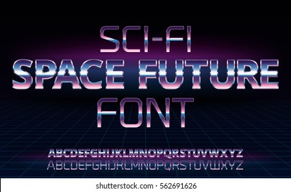 Sci-Fi Space Future Font In 80's Retro Movie Style. Metal Chrome Effect Alphabet Letters And Numbers. Vector Typeface Set