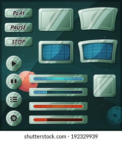 Scifi Space Icons For Ui Game/ Illustration of a set of various cartoon design ui game space and scifi elements including banners, signs, buttons, load bar, app icon with stars and planets background